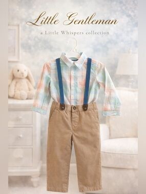 Carter’s 24M Boys Outfit Plaid Shirt Suspenders Khaki Pants Set
